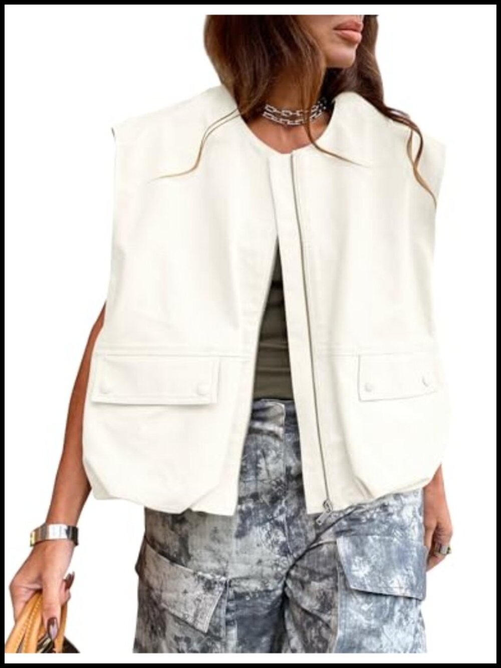 Womens Lightweight Zip Up Cargo Vest Sleeveless Ruched Hem Utility Top
